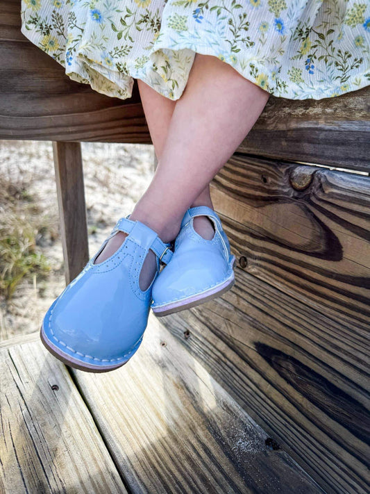 Ice Blue Patent Leather T Bar