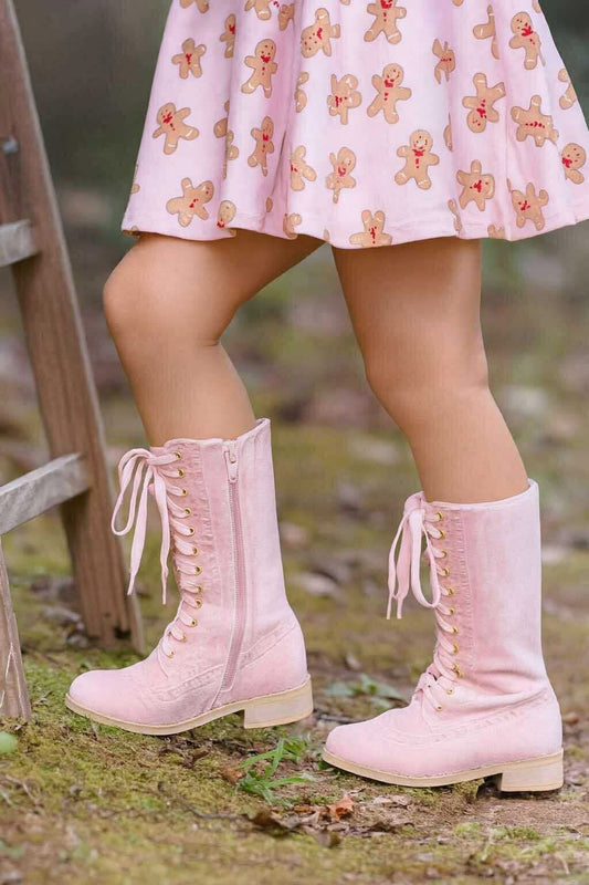 Pink Velvet Lace Up Boot