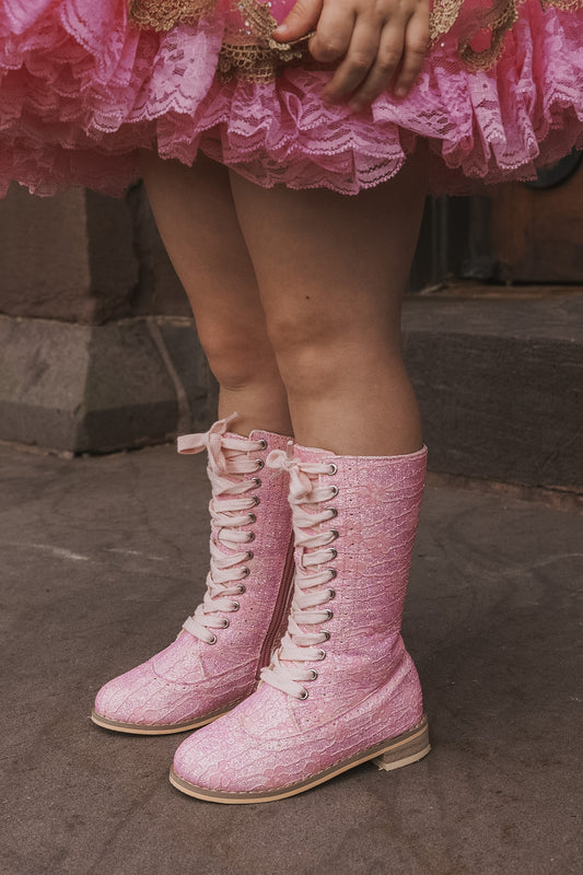 Pink Sparkle Lace Knee High Boots