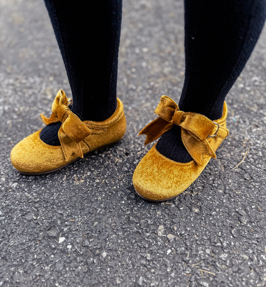 Gold Velvet Bow Flats