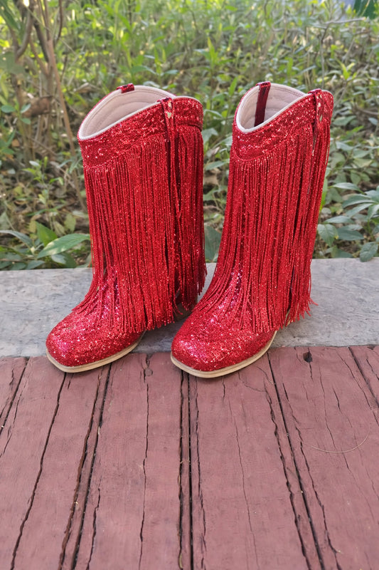 Red Sparkle Fringe Boots