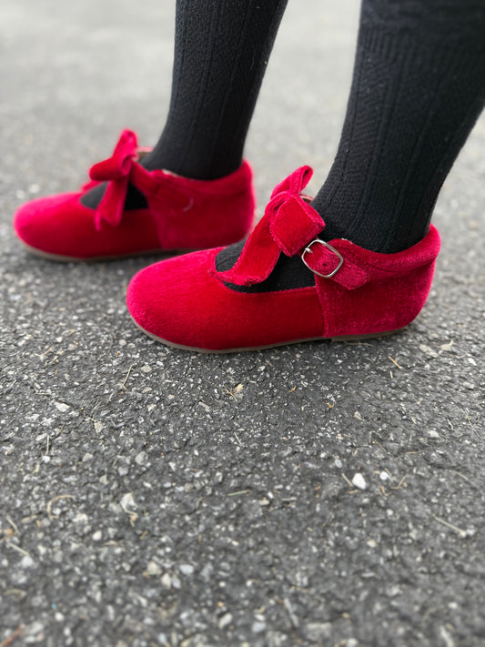 Crimson Velvet Bow Flats