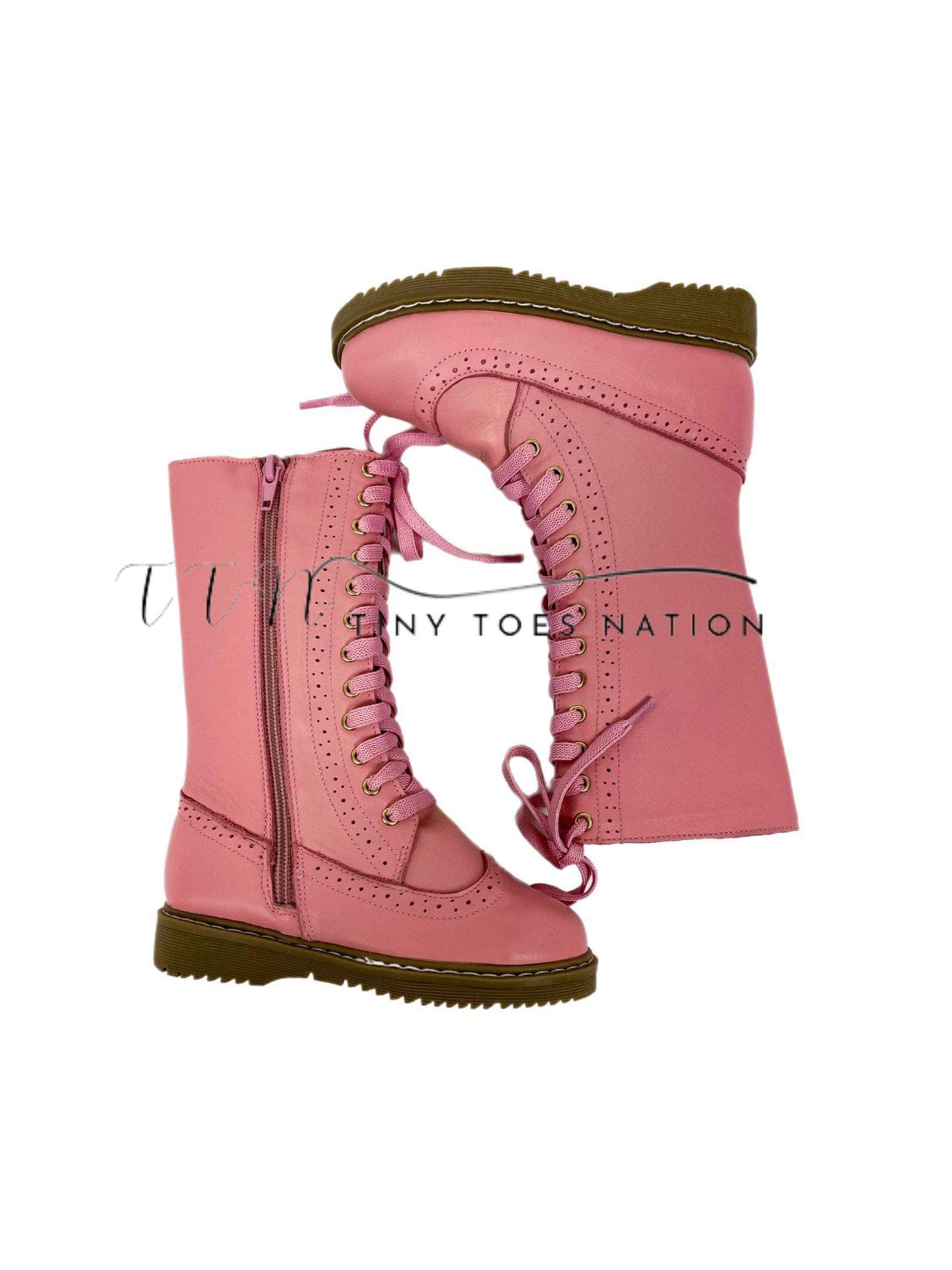 Pink Leather Knee High Lace-Up Boot