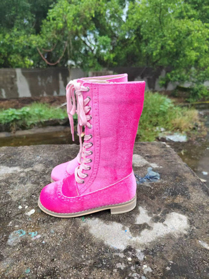 Pre Order Bright Pink Velvet Knee High Boots