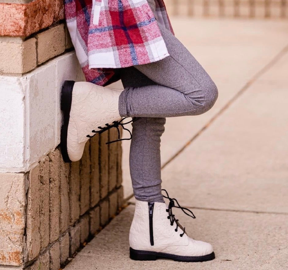 Pre Order Cream Embossed Combat Boot