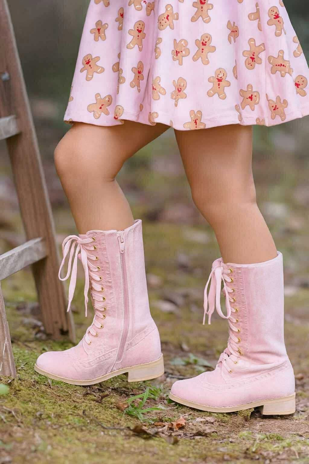 Pink Velvet Lace Up Boot