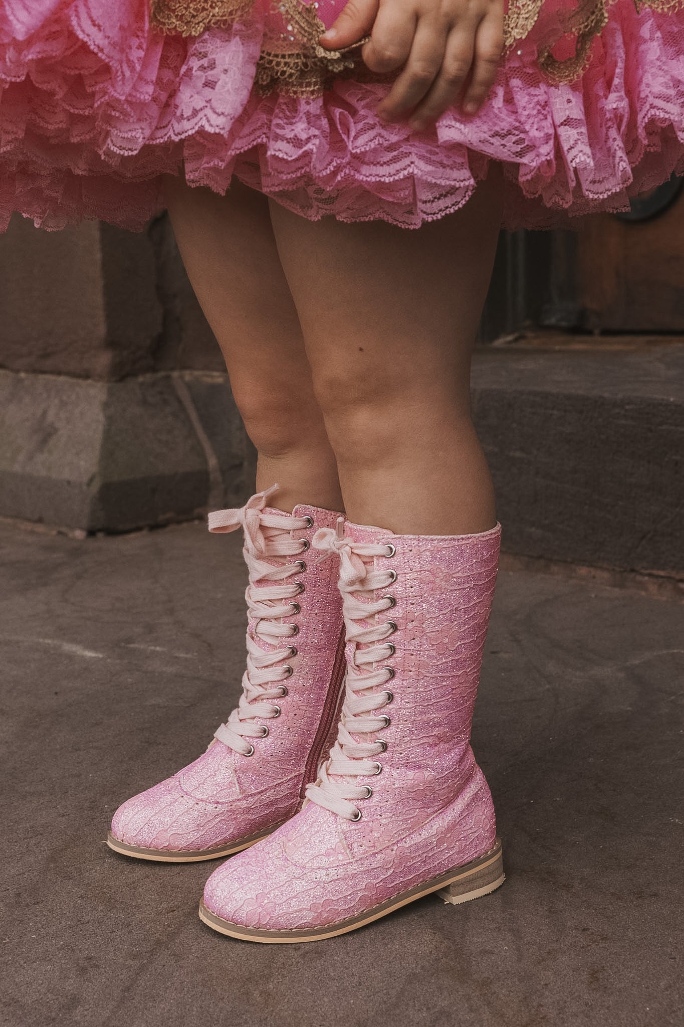 Pre Order Pink Sparkle Lace Knee High Boots