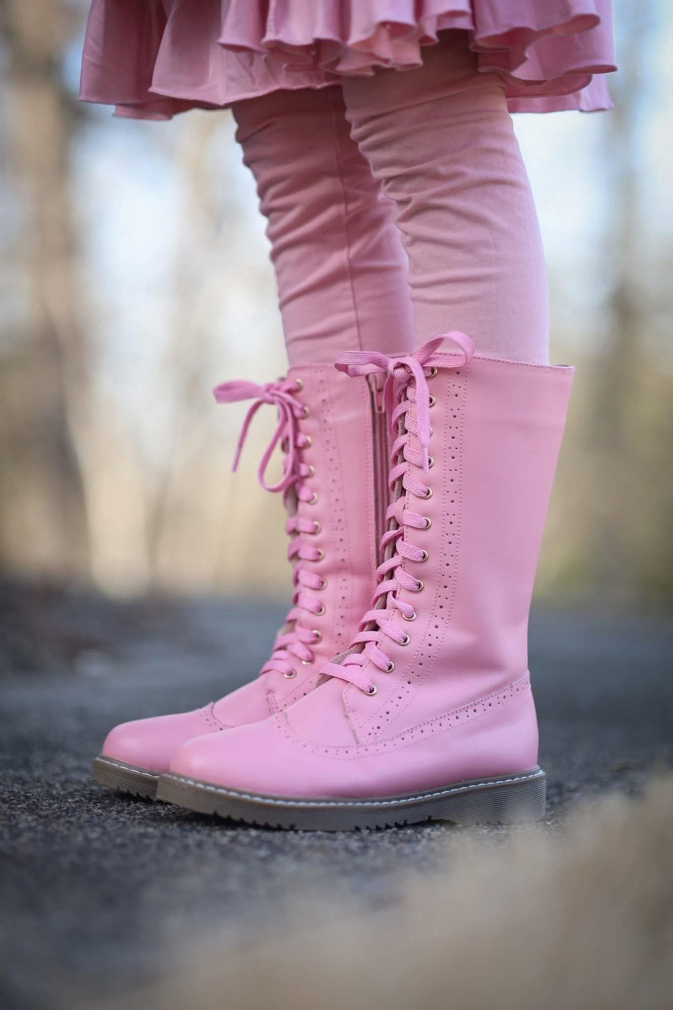 Pre Order Pink Leather Lace Up Boot