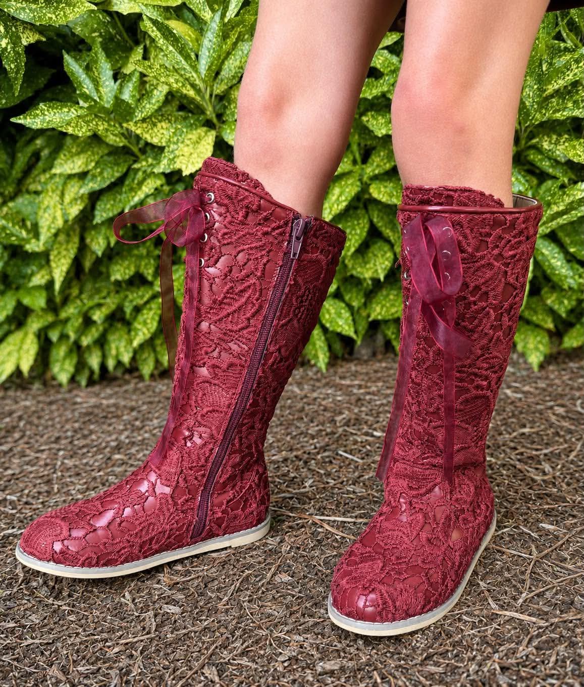 Maroon Knee High Lace Victorian Boot