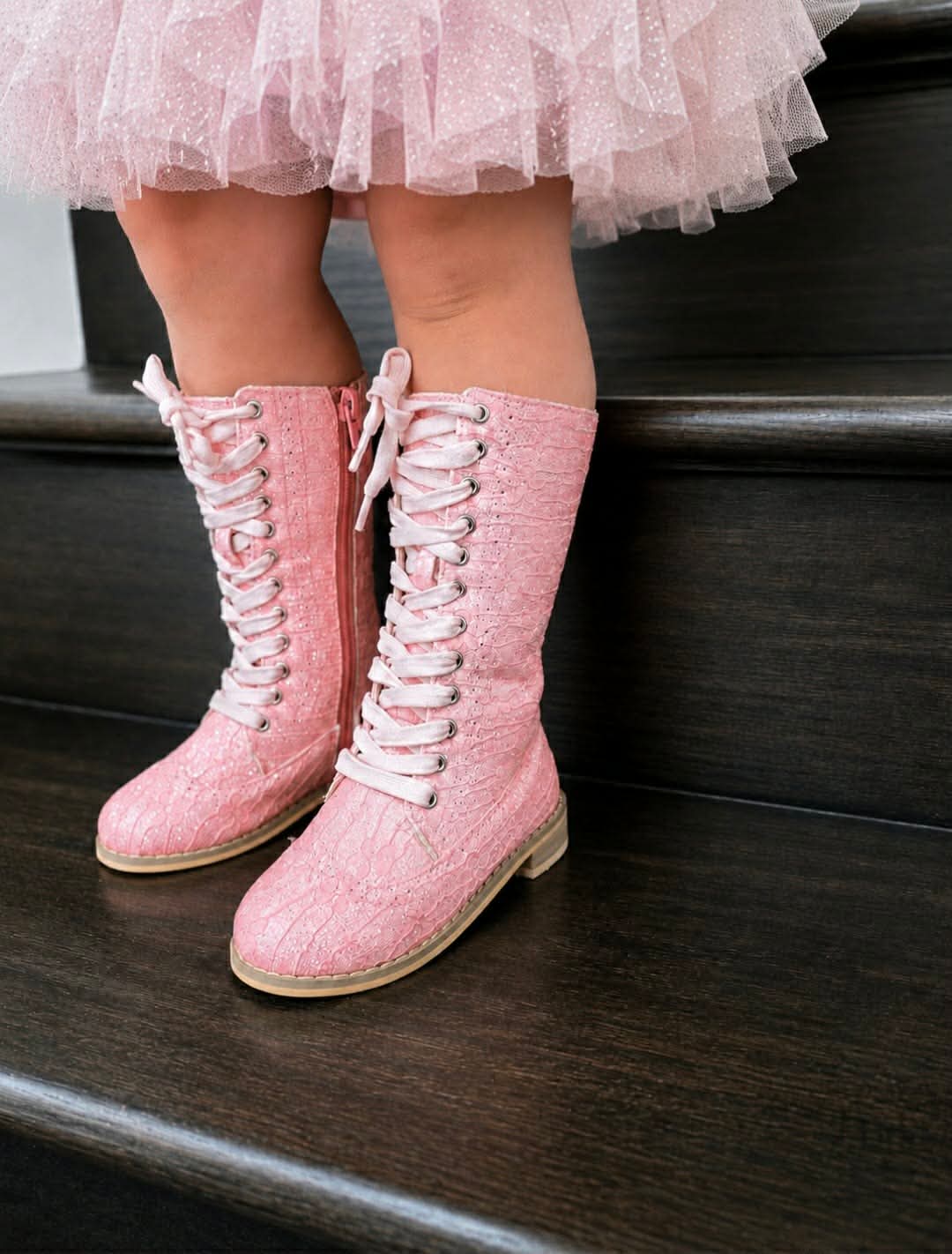 Pre Order Pink Sparkle Lace Knee High Boots