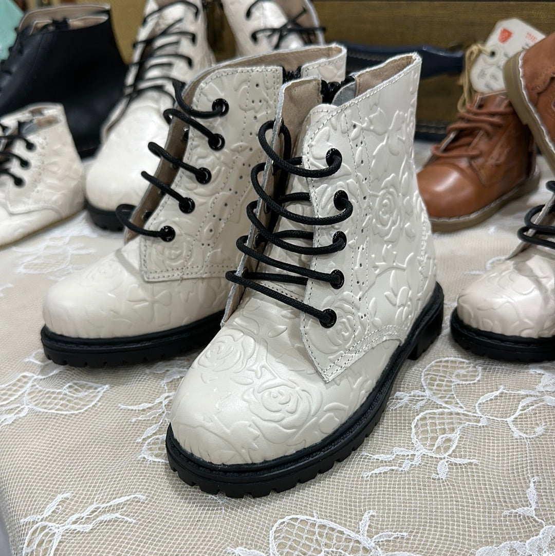 Pre Order Cream Embossed Combat Boot