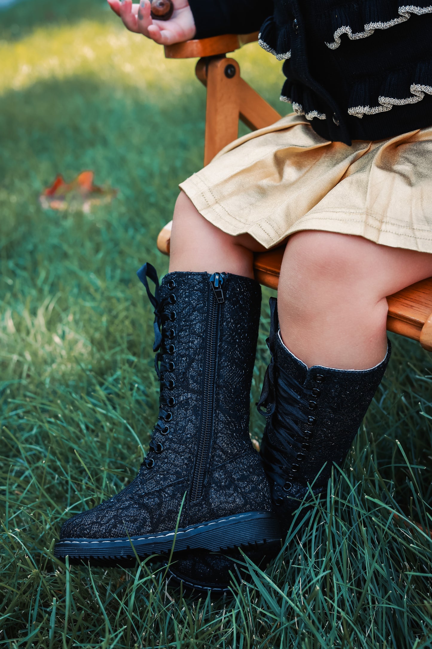 Black Lace Knee High Lace-Up Boot