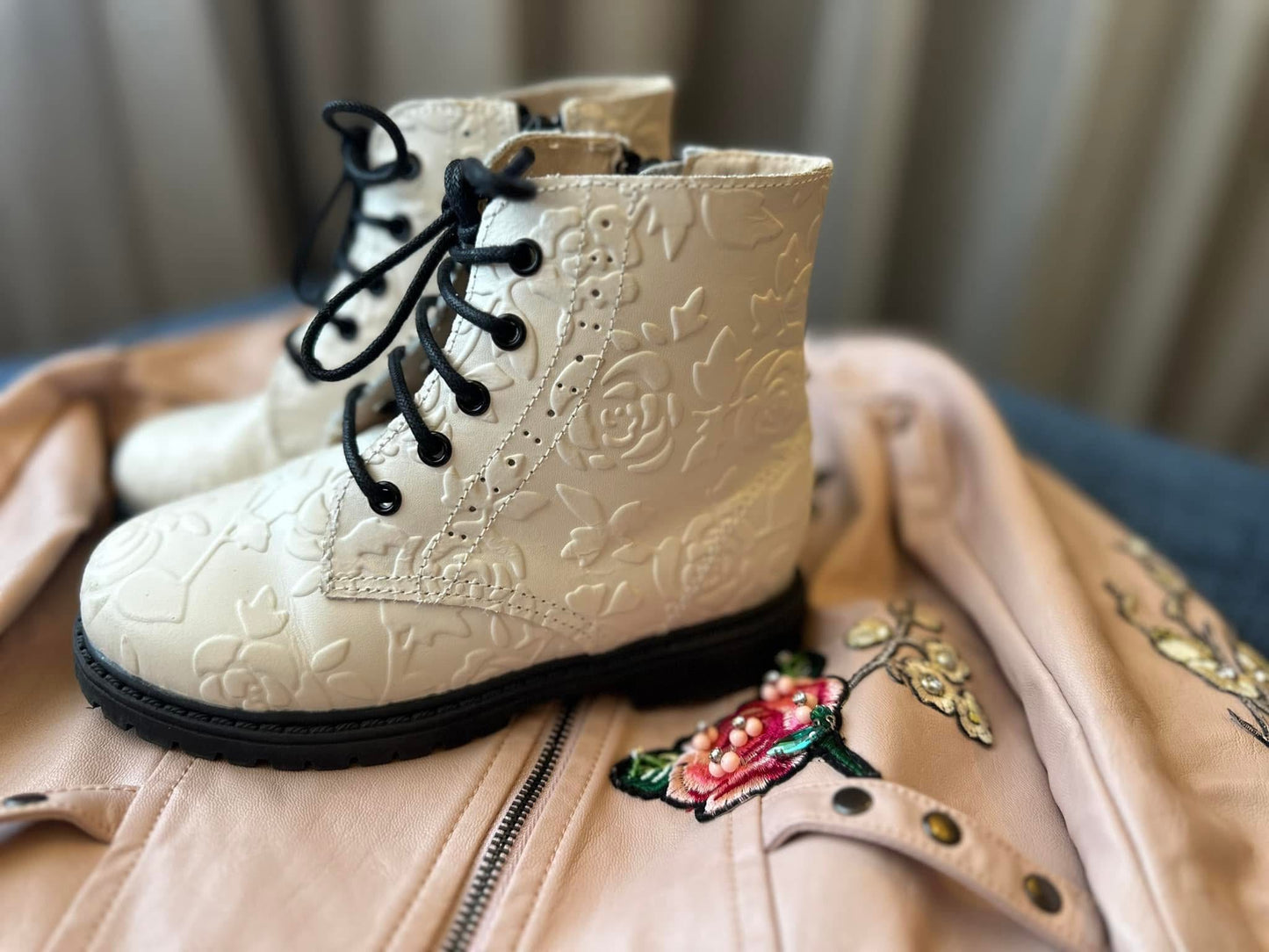 Pre Order Cream Embossed Combat Boot
