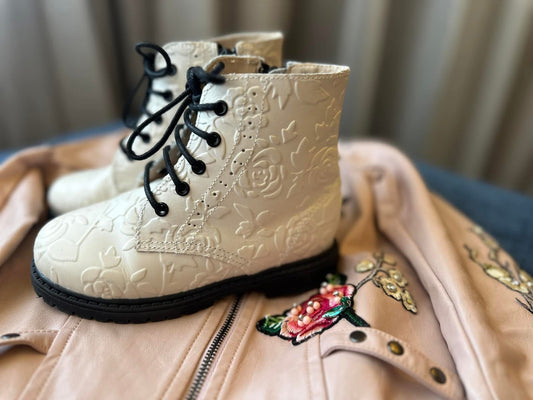Pre Order Cream Embossed Combat Boot